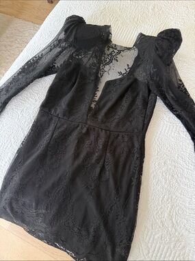 Black Lace Long-Sleeve Mini Dress with padded shoulders